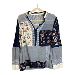 Chico's Blouse Women's Size Large Embroidered Floral Artsy Boho Stripes Chicos 2